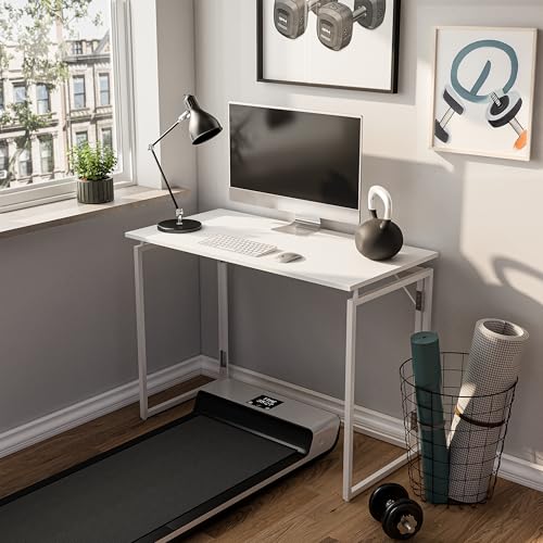 31.5" Folding Desk: No Assembly, Wood Top for Small Spaces | Home office desk, holds 150 lbs, folds flat to 2.3 in, splash-proof wood top, sturdy metal frame - color: White, size: 31.5"W x 15.7"D