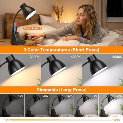 Desk Lamp for Home Office, 10W Wireless Charging, Eye-Caring LED Desk Light, CRI 95+ 3 Color Modes Stepless Dimming Pen Holder, 360° Flexible Arm Desk Lamps for College Dorm, Adapter Included