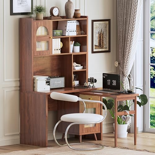 Wooden Computer Gaming Desk with 90 Degree Rotating Desktop, Study Writing Desk with Open Shelves, Storage Drawer and Cabinets, Work Desk for Home Office Bedroom Living Room (Walnut-03) - color: Walnut-03