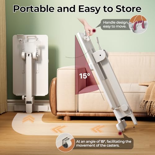 Foldable Mobile Standing Desk, 27 Inch Small Rolling Laptop Cart Height Adjustment, 90° Tiltable Bedside Table, No Assembly Needed Portable Computer Workstation, White - color: White