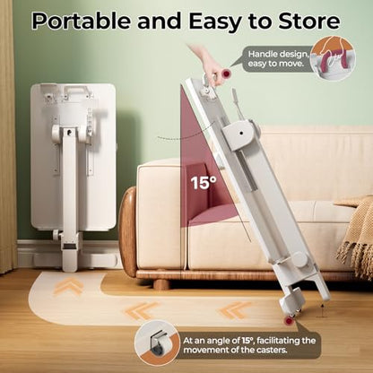 Foldable Mobile Standing Desk, 27 Inch Small Rolling Laptop Cart Height Adjustment, 90° Tiltable Bedside Table, No Assembly Needed Portable Computer Workstation, White - color: White