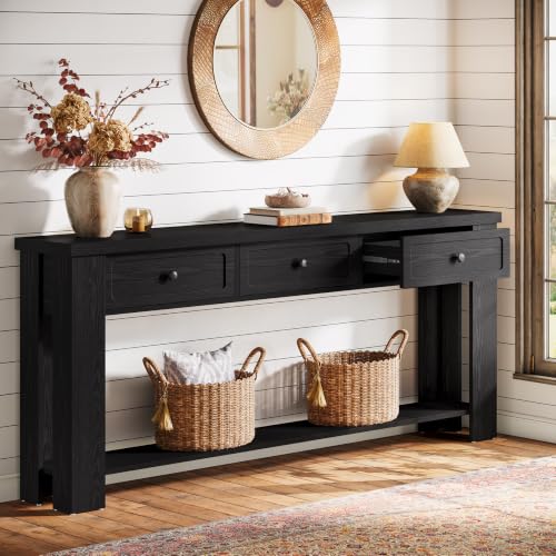 Tribesigns 70.9-Inch Long Console Table with 3 Drawers, Farmhouse Entryway Table with Storage, Rectangular Narrow Sofa Table Behind the Couch, Accent Table for Hallway, Living Room, Entry, Black - color: Black