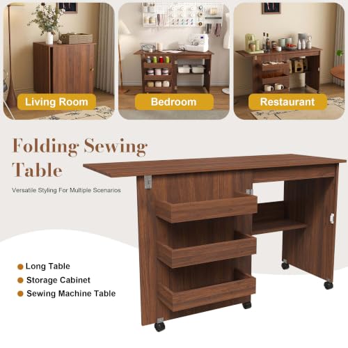 HRVEOCEI 4-in-1 Folding Sewing Table with Storage, Sewing Desk Foldable with Lockable Wheels & Power Socket, Sewings Machine Cabinet & Craft Desk with Shelves, Compact Design (Walnut, 45 Inch) - color: Walnut, size: 45 Inch