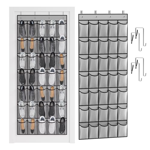 WVM Over the Door Shoe Organizer with 35 Breathable Mesh Pockets, Hanging Shoe Organizer for Door with 4 Metal Hooks, Large Capacity Closet Storage for Shoes, Accessories, Grey - style: Grey