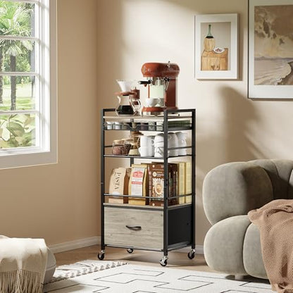 Coffee Bar Cabinet with Storage，5 Tier Coffee Station Table on Wheels, 33.6" H Cart with Drawer for Home Kitchen, Liquor Buffet Sideboard Cabinet (Black) - color: Black