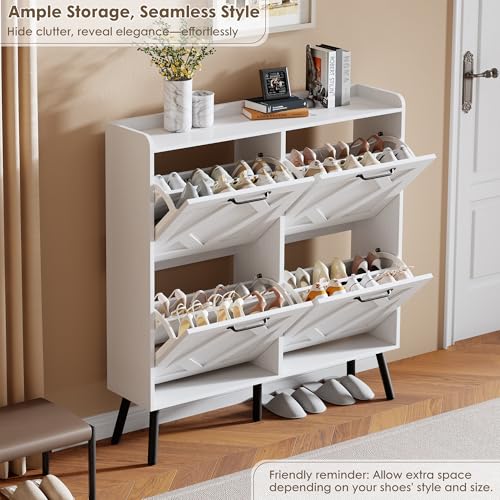 Shoe Cabinet with 4 Flip Drawers, Freestanding Shoe Organizer Cabinet with Metal Legs, Farmhouse Slim Shoe Rack Cabinet for Entryway, Foyer, Hallway, White - color: Pure White