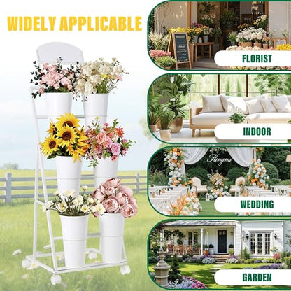 Flower display stand, three tiers with six vases, suitable for flower bars and indoor/outdoor celebrations. The flower cart display stand comes with a chalkboard and wheels (white). - color: White