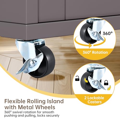 Wood Kitchen Island with Storage, Wooden Rolling Kitchen Island On Wheels with Countertop, Mobile Kitchen Island Cart with Towel Rack, Spice Rack, Adjustable Shelf and Drawers, Grey - color: Grey