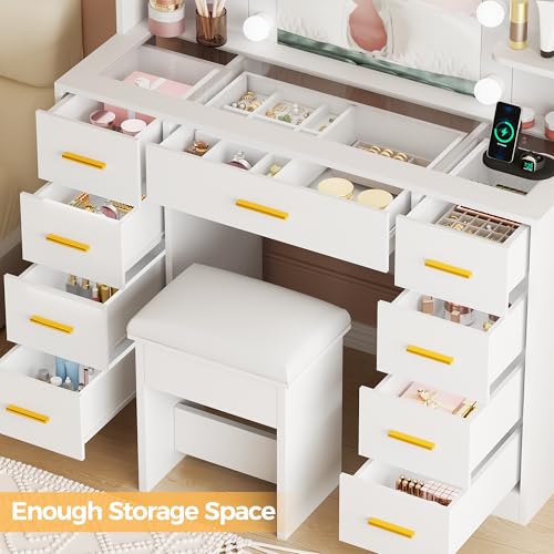 BEWISHOME Makeup Vanity Desk with Mirror and Lights White Vanity Table with Glass Top Power Outlet Stool,Makeup Desk with 9 Drawers and 4 Storage Shelves,Dressing Table for Bedroom Women FST39W