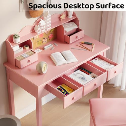 FUNKOCO Home Office Furniture Writing Desk,Computer Work Station with Detachable Hutch,5 Drawers(Pink) - color: 2-pink