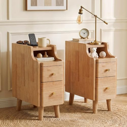 Narrow Nightstand Set of 2, 19.7" H Pre-Assembled Solid Wood Small Skinny Night Stand with Drawers, Open Sliding Shelf, Mid Century Modern Slim Bedside Table for Bedroom, Natural Oak,8" - color: Oak-2pack, size: 8"