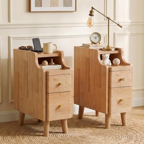 Narrow Nightstand Set of 2, 19.7" H Pre-Assembled Solid Wood Small Skinny Night Stand with Drawers, Open Sliding Shelf, Mid Century Modern Slim Bedside Table for Bedroom, Natural Oak,8" - color: Oak-2pack, size: 8"