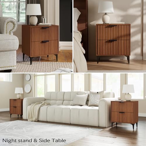 Walnut Fluted Nightstand Set of 2, Modern Night Stands with 2 Drawers | Bedside Table for Twin/Full/Queen Bed, End Table with Robot-friendly Metal Legs for Bedroom, Living Room - color: 2 Drawers-2pcs-walnut