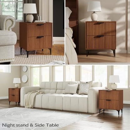 Walnut Fluted Nightstand Set of 2, Modern Night Stands with 2 Drawers | Bedside Table for Twin/Full/Queen Bed, End Table with Robot-friendly Metal Legs for Bedroom, Living Room - color: 2 Drawers-2pcs-walnut
