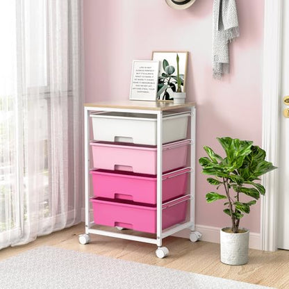 SYKIARIOL Rolling Cart with Drawers, 4-Drawer Utility Cart, Pink | 4 Tier Drawer Cart with Wooden Top for Home Office, Kid Room, Classroom Teacher, Dorm, - color: Dark Pink