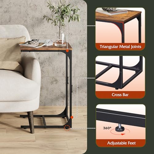 WLIVE C Shaped End Table, Small Couch Side Tables with Metal Frame that Slide Under, Sofa Table TV Tray for Living Room, Bedroom, Rustic Brown - color: Rustic Brown