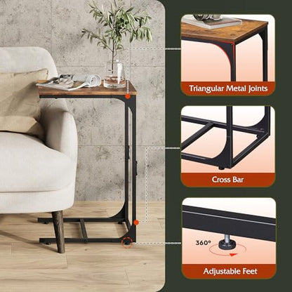 WLIVE C Shaped End Table, Small Couch Side Tables with Metal Frame that Slide Under, Sofa Table TV Tray for Living Room, Bedroom, Rustic Brown - color: Rustic Brown