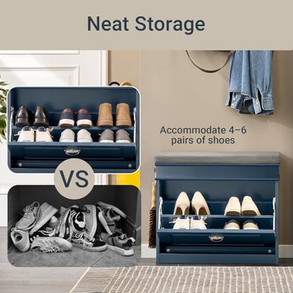 Haotian Small Shoe Storage Bench, Narrow Shoe Cabinet Entryway with 1 Flip-Drawer and Seat Cushion, Mini Shoe Rack Hallway Entrance Mudroom, Navy Blue FSR82-K-B - color: Navy, size: 1 Drawer:24x9.4x20"