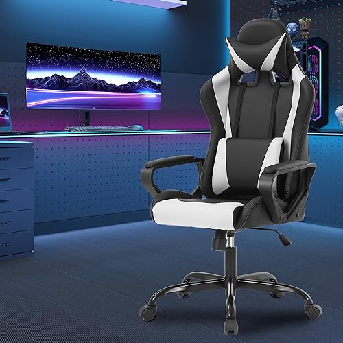 PayLessHere Ergonomic Racing Desk Chair Gaming Chair Computer Chair with Armrests 360° Swivel & Caster Pu Desk Task Chair Executive Headrest Lumbar Support for Back Pain Women Men and Adults (White) - color: White