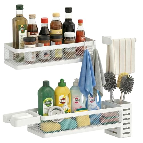 PUSDON 5-in-1 Wide Wall Mount Wrapped Mesh Kitchen Organizer & Shower Caddy Kit, with Paper Towel Holder, Utensil Holder, Soap Dish, Heavy Duty 50LBS - White, Netting - color: White, size: 5-in-1 Full Mesh (12.6" Wide)