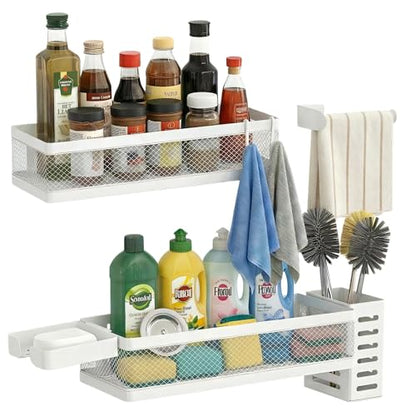 PUSDON 5-in-1 Wide Wall Mount Wrapped Mesh Kitchen Organizer & Shower Caddy Kit, with Paper Towel Holder, Utensil Holder, Soap Dish, Heavy Duty 50LBS - White, Netting - color: White, size: 5-in-1 Full Mesh (12.6" Wide)