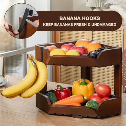 Wissy&Konny 2 Tier Corner Fruit Basket for Kitchen Counter, Acacia Wood Fruit Stand with Banana Hook, Space Saving Storage Rack for Fruits Vegetables Snacks