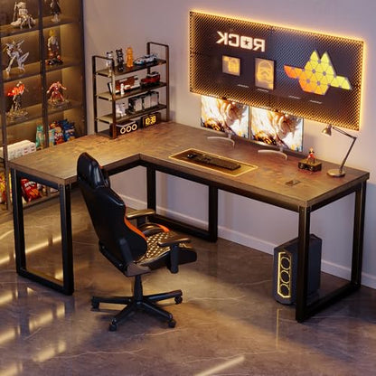 L Shaped Desk 66 Inch Gaming Desk with 1.18 Inch Thicker Desktop, Corner Computer Desk Home Office Desk Study Writing Work Desk Metal Frame, Rustic Brown - size: 66 Inch