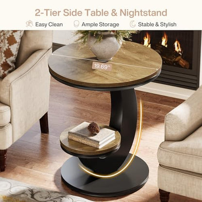 Tribesigns Round End Table, 2 Tiers Side Table with Storage Shelf, Sofa Side Bedside Nightstand with Wood Metal C-Shaped Frame for Small Spaces, Living Room, Easy to Assemble, Light Brown (2PCS) - color: Light Brown
