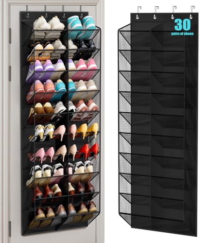 MISSLO 30 Pairs Over the Door Shoe Organizer Breathable Mesh Hanging Shoe Rack for Closet Storage with Wide Deep Pockets 10 Tier Shoes Holder Fit All the Family's Sneakers, Boots, Heels (Black, 71") - color: Black, size: 71"