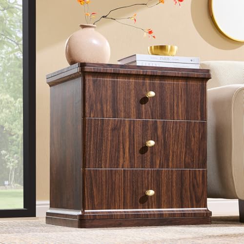 23.6" Tall Modern Nightstand with Charging Station, Wood Bedside Table with 3 Storage Drawers, Large Mid Century Night Stand for Bedroom, Curved Waterfall Edge, Metal Handle, Dark Walnut - color: Dark Walnut, size: 3 Drawers