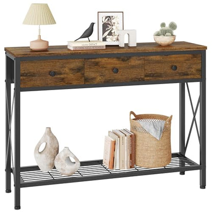 FAVOOSTY Entryway Table, 39.8" Console Table with 3 Fabric Drawers Narrow Console Table with 2-Tier Storage Shelves,Display Shelf for Living Room, Hallway, Entrance, Foyer, Office Rustic Brown
