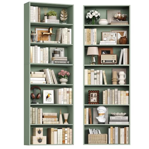 82" Tall Bookshelf Set of 2, 7-Tier Double Shelves Bookcase,Green | Extra Tall Bookcase with Storage, Floor to Ceiling Bookshelves, Narrow Bookshelf Home Decor Furniture for Office, Living Room - color: Green