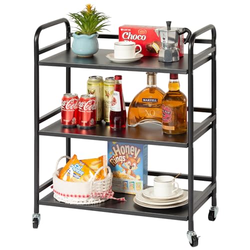HDANI 3 Tier Metal Utility Multipurpose Rolling Cart,Large Capacity Heavy Duty Cart with Lockable Wheels Rolling Cart with 2 Lockable Wheels for Home,Office,Kitchen,Bathroom,Bedroom(Black) - color: Black, size: Large