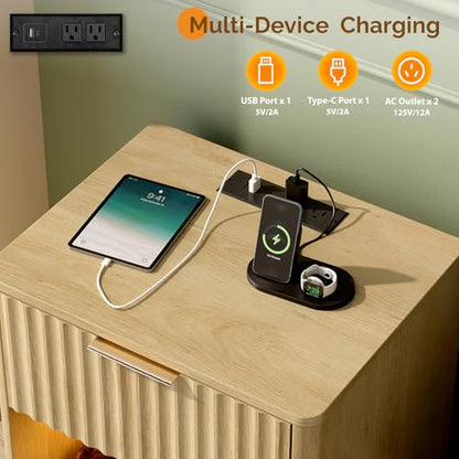 VINGLI Nightstand with Charging Station, LED Nightstand Fluted with Rounded Edge, 19" W Mid Century Modern Night Stand for Bedroom, Fluted Bed Side Table, Oak, 18.9" W*15" D*22.4" H - color: Oak, size: 19"W-1 Drawer 1 Shelf