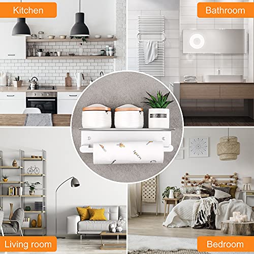 DUFU Paper Towel Holder Wall Mount for Kitchen, Silver | Self-Adhesive,Paper Towel Holder With Shelf for Bathroom, Anti-Rust Aluminum, No Drill or Wall-Mounted with Screws - color: Silver
