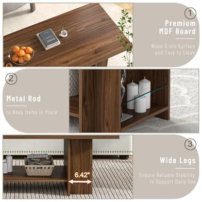 FOLUBAN Coffee Table, Modern Wood Living Room Table with Storage Bottom Shelf & Side Shelves, Rectangle Center Table Cocktail Tea Table for Home Office, Rustic Walnut, 47 Inch - color: Walnut