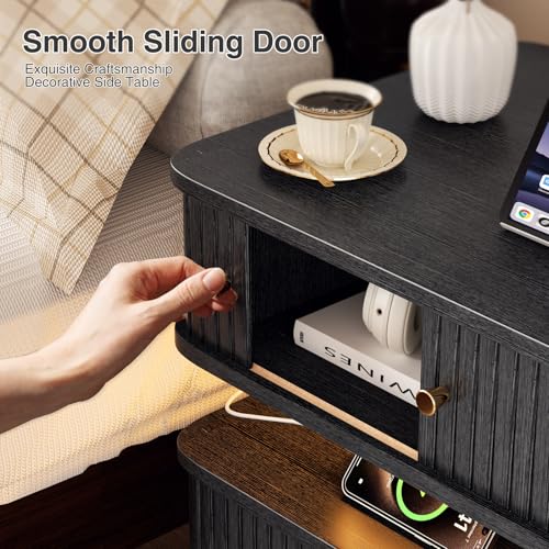 Black Nightstand with Charging Station and LED Light, Fluted Bedside Table with 1 Drawer and Storage Cabinet, Modern Ribbed End Table with USB Ports & Outlets for Bedroom, Living Room - color: Black