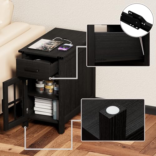 Farmhouse End Table with Charging Station, Narrow Side Table for Living Room, Sofa Side Table with Drawer and Storage Cabinet, Small Nightstand for Bedroom, Home Office - color: Black