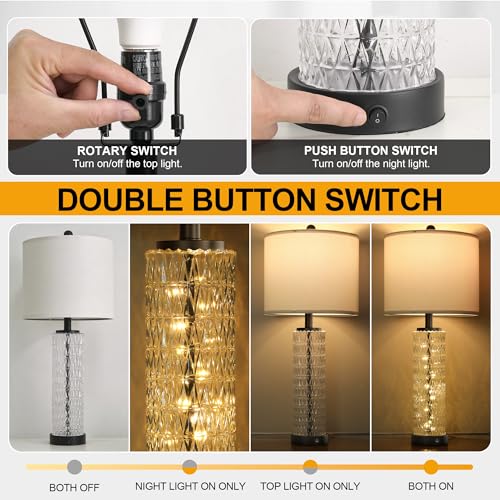 Oneach 27.75” Table Lamps Set of 2, Black Modern Bedside Lamp with LED Night Light, USB A+C, Glass Lamps for Living Room, Bedroom, Nightstand, Office, End Table (2 Bulbs Included) - color: Black - White Shade