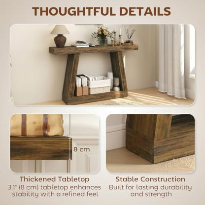 HOMCOM 55.1" Narrow Entryway Table with Thickened Tabletop Rustic Brown | 2-Tier Farmhouse Console Table, Storage Shelf, Trapezoidal Base, for Behind Couch Sofa, Living Room, Hallway, Entrance - size: 55.1" W