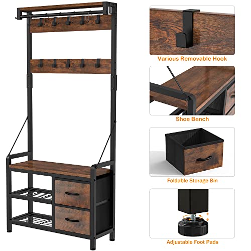 Lulive Hall Tree with Bench and Shoe Storage, 31.5” Coat Rack Freestanding | Rustic Brown, 5 in 1 Intelligent Design, 17 Hooks, 2 Drawers, Handy Clothes Rail - color: Rustic Brown, size: 11.8"D x 31.5"W x 70.9"H