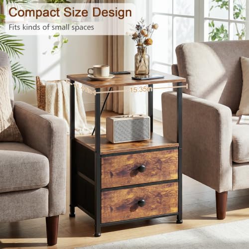 LOAKEKEL Night Stand, Nightstands Set of 2 with Charging Station | Bedside Table with 2 Fabric Drawers for Bedroom, End Tables with Storage Shelf for Small Spaces, Rustic Brown - color: Rustic Brown, style: Power