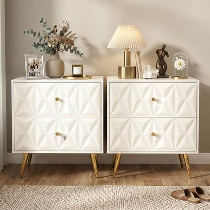 Nightstand Set of 2, White and Gold Nightstands with 2 Diamond Pattern Drawers, Modern End Table Side Table with Gold Handle & Legs for Bedroom