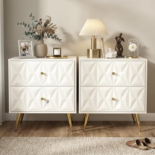 Nightstand Set of 2, White and Gold Nightstands with 2 Diamond Pattern Drawers, Modern End Table Side Table with Gold Handle & Legs for Bedroom