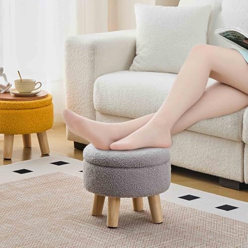Wimarsbon Storage Ottoman, Modern Round Footrest with Soft Padded Seat, Teddy Velvet Footstool with Wood Legs, Accent Small Table or Plant Stand for Hallway, Living Room (Grey) - color: Grey