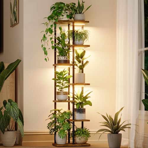 Bamworld Plant Stand with Grow Light for Indoor Plants Corner 7 Tier Metal Plant Shelf Wood Flower Stand for Home Living Room Decor Patio Decor - style: 7 Tier,Square