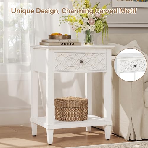 26" Night Stand with Drawers, Painted Bedside Table, Solid Wood Nightstand | Pine Leg and Solid Wood Frame Nightstand, Side Table End Table for Bedroom, Carved Pattern, Distressed White - color: Distressed White