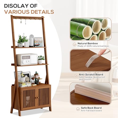 Bookcase with Drawers, 4-Tier Bamboo Bookshelf Ladder Shelf with 6 Hooks, Tall Narrow Retro Book Shelf, 24.8"L x 10.6"W x 59.5"H, Standing Storage Organizer for Living Room, Office, Bedroom, Walnut - color: 4-tier Walnut