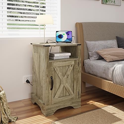 FansaFurn Farmhouse End Table with Charging Station for Bedroom | Light Grey Nightstands with Storage Cabinet and Shelf for Living Room, Living Room - color: Light Grey, size: 16" D x 16" W x 25" H (Set of 1)