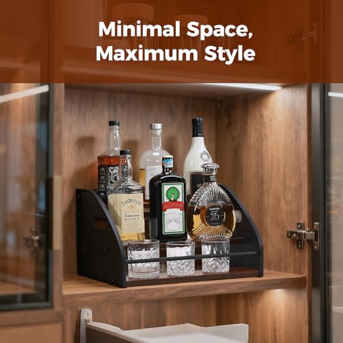 Liquor Bottle Display Shelf, Coffee Syrup Rack Organizer with Metal Hand, 3 Step Countertop Liquor Wine Rack, Mini Bar, Liquor Cabinet, Home Retro Bar Shelf Stand for Liquor Whiskey, Bourbon, Spirits - size: 3 Tier